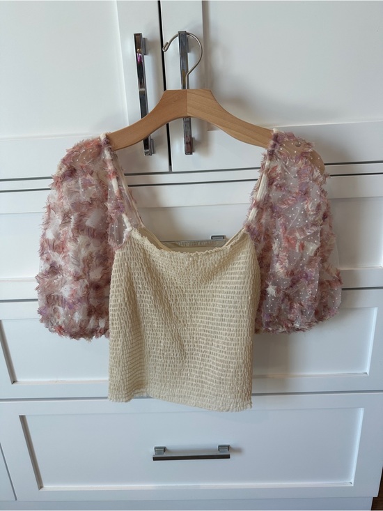 Intimately By Free People Tops - Cream Smocked Crop Top with Pink Feathered Puff Sleeves